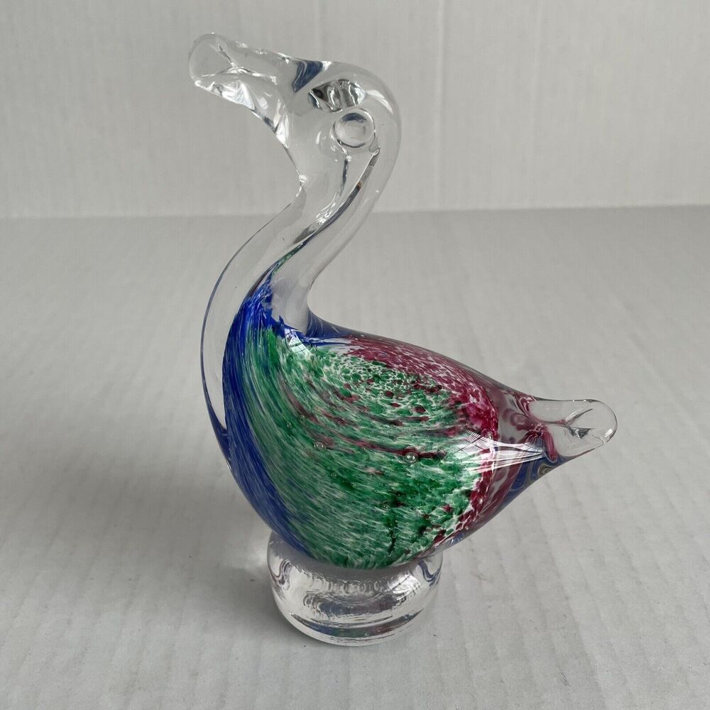 Goose Art Glass Colorful Waves Paperweight Figurine Pedestal 6 inches